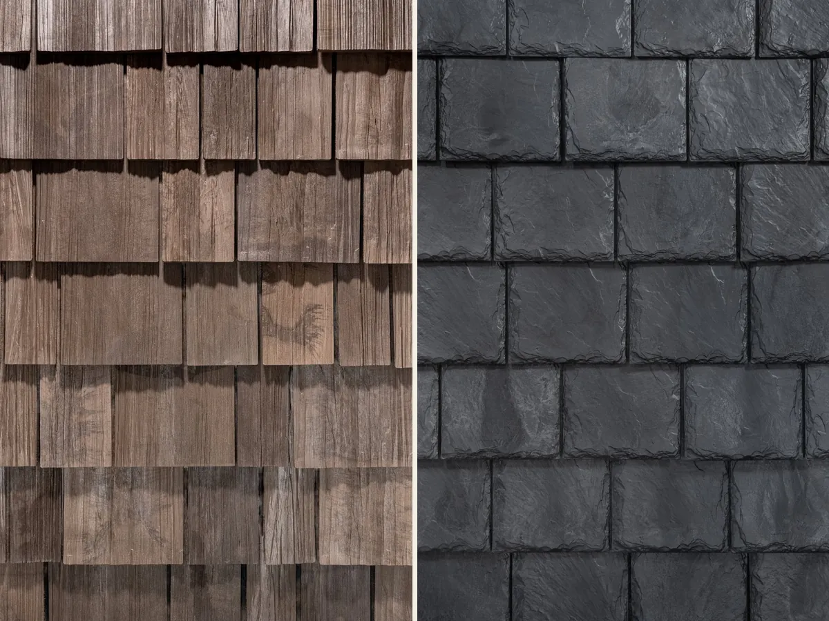 BRAVA synthetic shake and synthetic slate roofing side by side